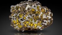 Picture of the Pallasite meteorite: space between the yellowish or olive green olivine crystals is filled with an iron-nickel metal alloy.