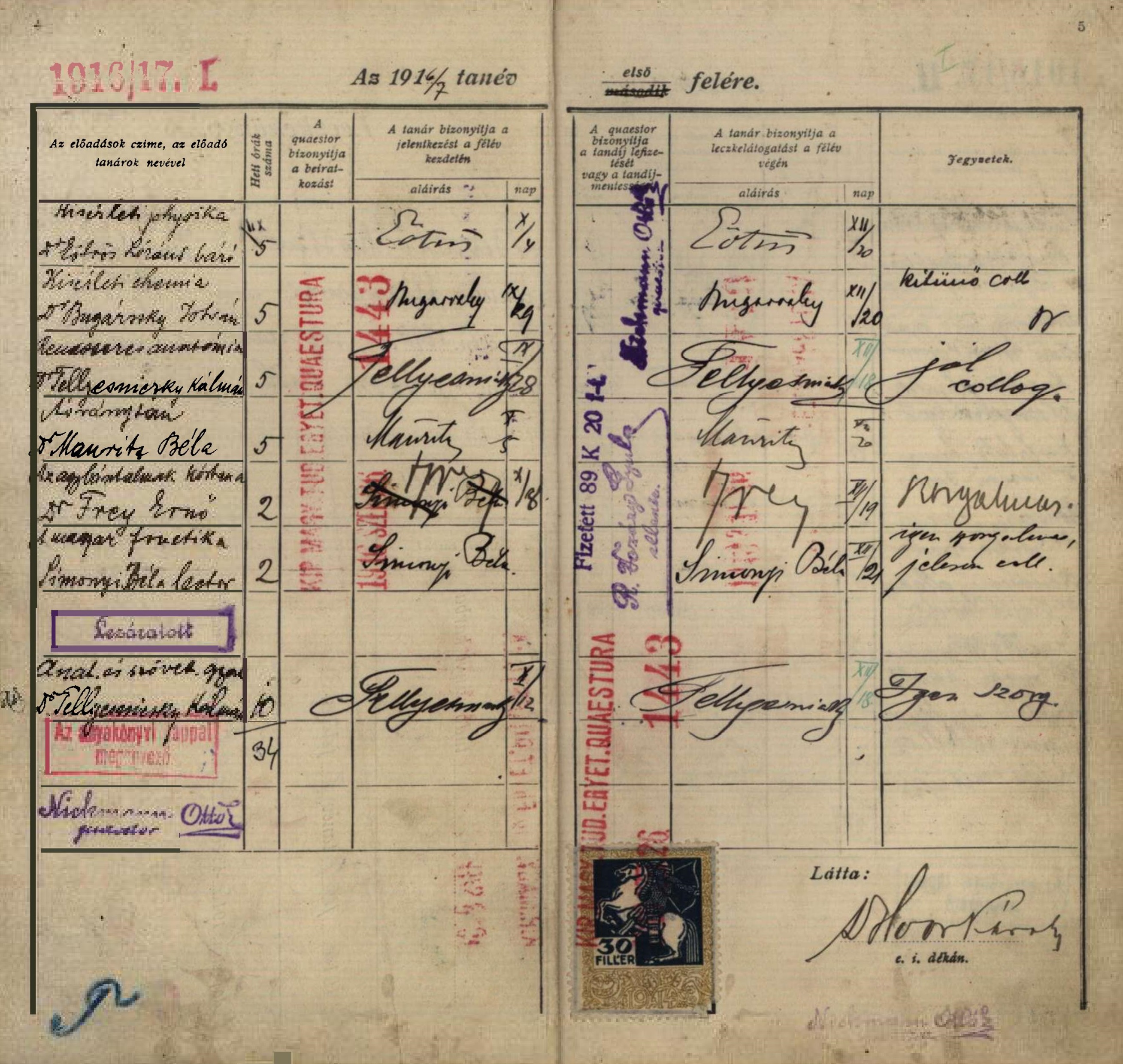 Bárczi Gusztáv orvostanhallgató leckekönyve, 1916/17. első félév